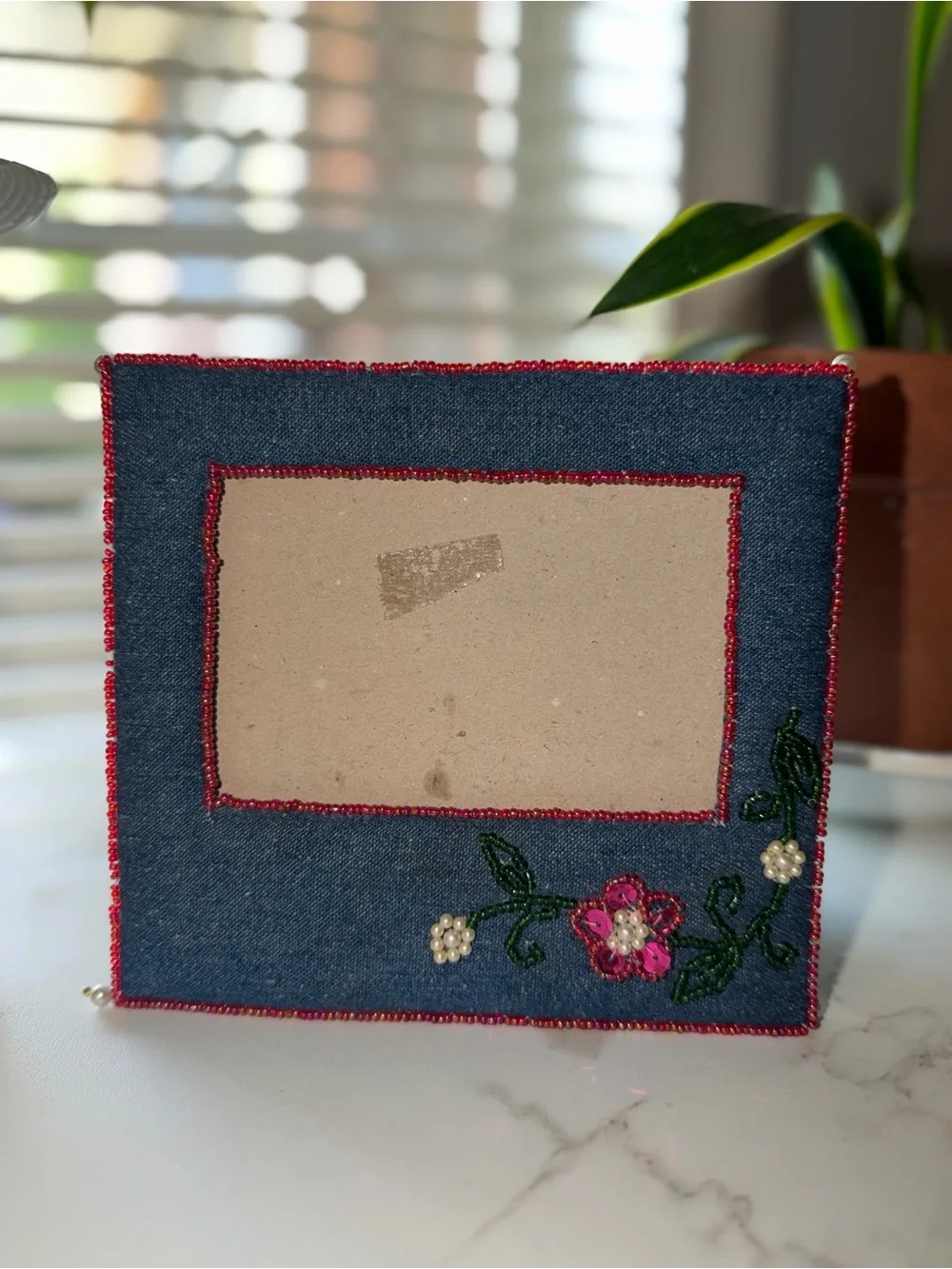 Handcrafted Blue Denim Photo Frame with Pink Beaded Flower
